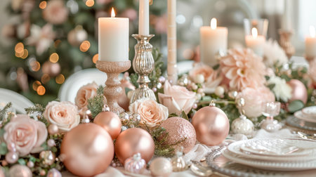 Festive table setting with pink and gold decorations and candles, selective focusの写真素材