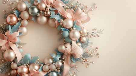 3d render of christmas wreath with pink and blue baublesの写真素材