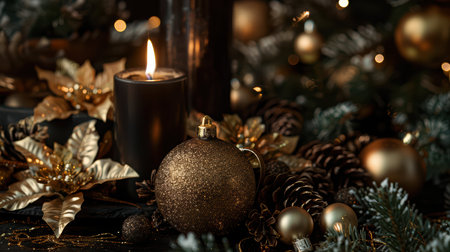 Christmas decoration with burning candle and golden baubles on dark backgroundの写真素材