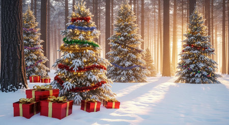 Christmas tree with gifts in the winter forest at sunset. 3d renderingの写真素材