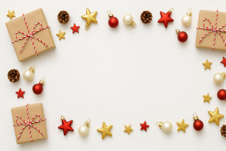 Christmas and New Year background with gift boxes and decorations. Flat lay, top view.の写真素材