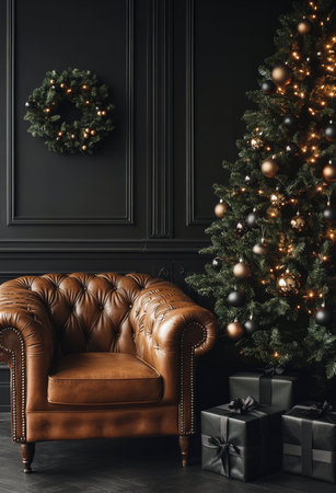 Classic armchair in classic interior with Christmas tree. 3d renderの写真素材