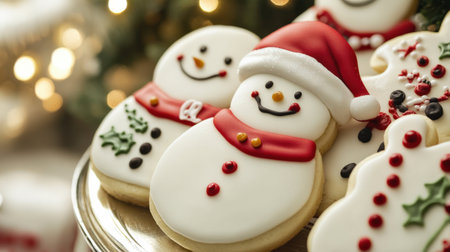 Christmas cookies with snowman and gingerbread on a plate, closeupの写真素材
