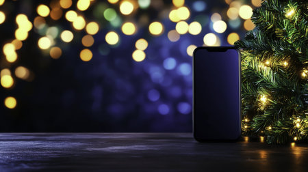 Smartphone with christmas tree on table against bokeh backgroundの写真素材