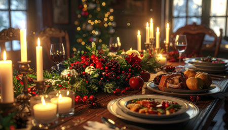 Festive table setting for Christmas dinner in home interior, closeupの写真素材
