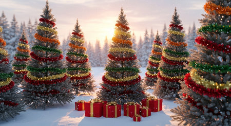 Christmas tree in the forest. 3d illustration. Christmas background.の写真素材