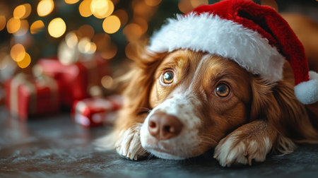 Cute dog in Santa hat on blurred Christmas lights background, closeupの写真素材