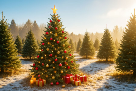 Christmas tree and gifts on a background of winter forest. Christmas backgroundの写真素材