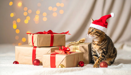 Cute bengal cat in santa claus hat with christmas giftsの写真素材