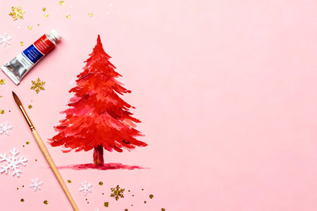 Christmas tree and paint brush on a pink background with snowflakesの写真素材