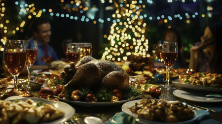 Christmas table with roasted turkey and bokeh lights, closeupの写真素材