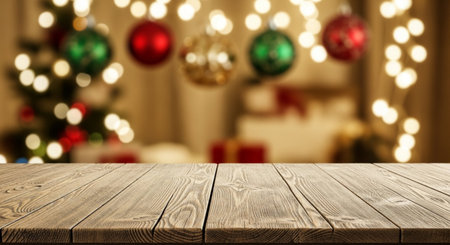 Empty wooden table against blurred christmas tree in a room with lightsの写真素材