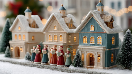 Miniature christmas village with Santa Claus and angels in the snowの写真素材