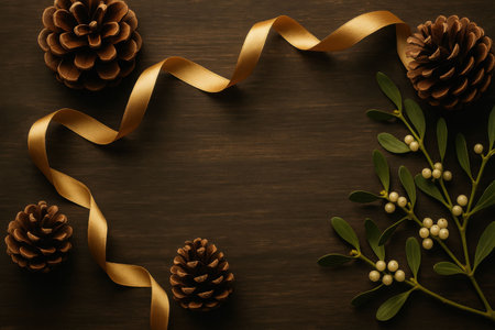Christmas decoration with mistletoe and golden ribbon on dark wooden backgroundの写真素材