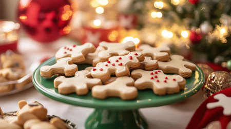 Christmas cookies on a green plate on a background of a Christmas treeの写真素材
