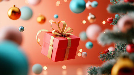 Christmas background with gift box and christmas balls. 3d renderingの写真素材