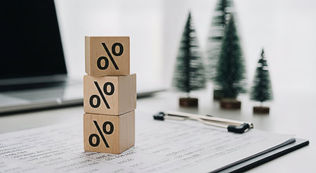 Percent sign on wooden cubes with notebook, pen and Christmas tree.の写真素材