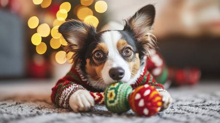 Cute dog in Christmas sweater on the background of the Christmas treeの写真素材