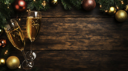 Two glasses of champagne and christmas tree branches on wooden background with copy spaceの写真素材