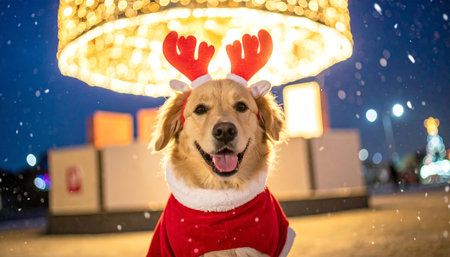 Cute golden retriever dog wearing santa claus clothes and reindeer antlers at christmas time.の写真素材