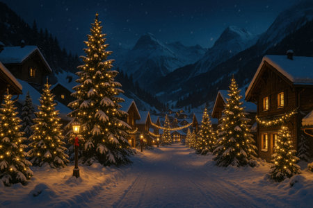 Winter in the swiss alps, Switzerland, with Christmas trees and lightsの写真素材