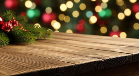 Wooden table with christmas tree and bokeh background.の写真素材