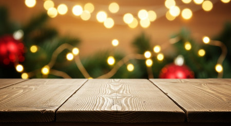 Wooden table background with christmas tree and bokeh lightsの写真素材