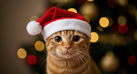 Cute ginger cat in santa hat on christmas tree backgroundの写真素材