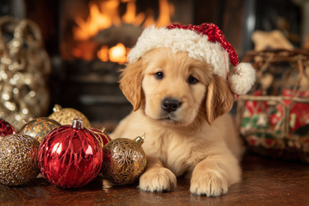 Golden Retriever puppy in a Santa Claus hat near the fireplaceの写真素材