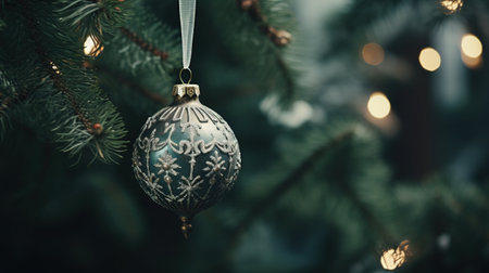 Christmas tree decorated with Christmas baubles and garlands on blurred backgroundの写真素材