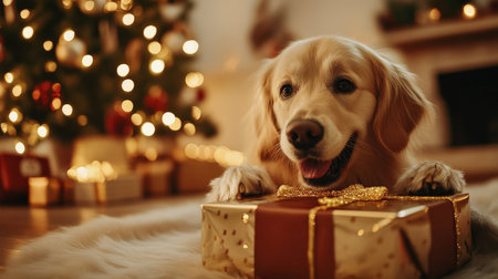Cute golden retriever dog with gift box in room decorated for Christmasの写真素材