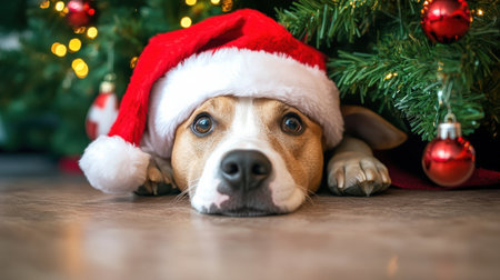 Dog in Santa hat lying under christmas tree on wooden floorの写真素材