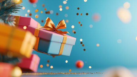 3d rendering of christmas gift box with golden bow on blue backgroundの写真素材