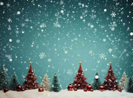 Christmas background with fir trees, snow and falling snowflakes.の写真素材