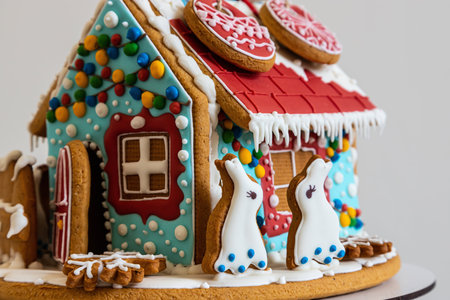Homemade gingerbread house decorated with colorful glaze and candiesの写真素材