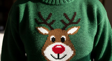 Close-up of a Christmas sweater with reindeer ornament.の写真素材