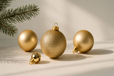 Christmas decoration golden balls and fir branch on white background with copy spaceの写真素材