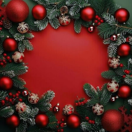 Christmas background with fir branches, red balls and snowflakes. Flat lay, top view.の写真素材
