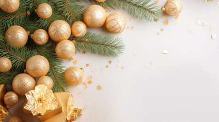 Christmas background with golden baubles, gift box and fir branches on whiteの写真素材