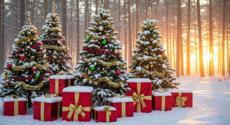 Christmas trees in the winter forest. Christmas background. New Year.の写真素材