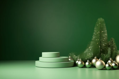 3d render of green podium with christmas tree and baublesの写真素材