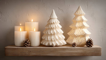 Christmas decoration with burning candles and fir tree on shelf against white wallの写真素材