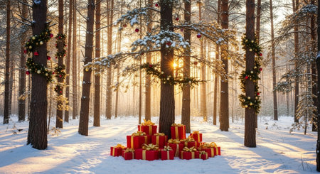 Winter forest with Christmas tree, gifts and wreath at sunset.の写真素材