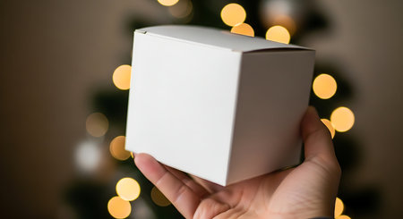 Hand holding a white gift box with christmas tree in the backgroundの写真素材