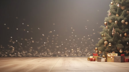 Christmas tree with gifts against room with wooden floor. 3d renderの写真素材