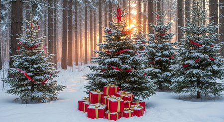Christmas tree in the winter forest with gift boxes and red ribbonsの写真素材