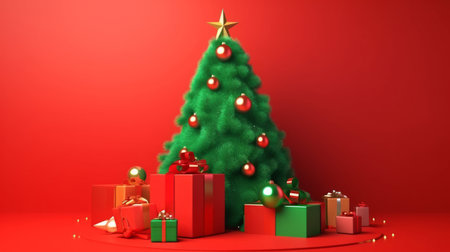 Christmas tree and gifts on a red background. 3D rendering.の写真素材
