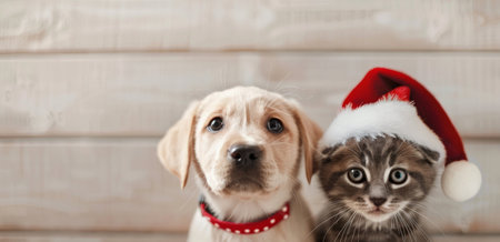 Cute dog and cat in santa hat on wooden background.の写真素材