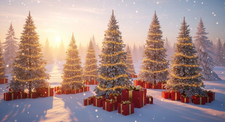 Christmas background with snowy fir trees and red gift boxes. 3d renderingの写真素材