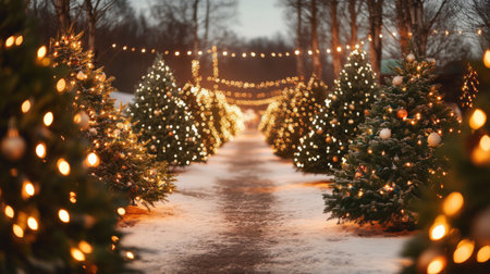 Christmas trees decorated with garlands and lights in the winter forest.の写真素材